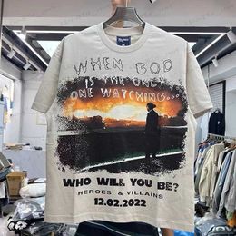 Men's T-Shirts High Street sunset figures printed round-necked apricot short-sleeved t-shirt T230419