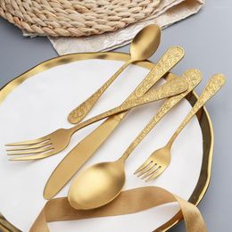 Dinnerware Sets Vintage Brushed Set Tableware 18/10 Matte Gold Cutlery Dinner Knife Tea Fork Spoon Western Silverware