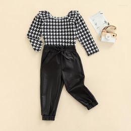 Clothing Sets 2-7Y Fashion Kids Baby Girls Outfits Fall Winter Houndstooth Ruffles Long Sleeve T-Shirts Lace-up PU Leather Trousers Girl