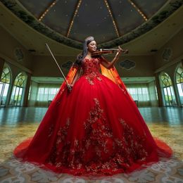 Red Shiny Sweetheart Ball Gown 15 Year Old Quinceanera Dresses 2024 With Cape 3DFlowers Applique Beads Birthday Party Dress