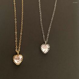 Pendant Necklaces Simple Copper Heart Zircon Necklace For Women Vintage Gold Color Steel Thin Chain Clavicle Charm Choker Collar