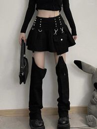 Skirts 2023 Riveted Kpop Pleated Mini Skirt Women Gothic Streetwear Y2K Hollow Out Trouser Legs Black High Waist Denim Summer 90s