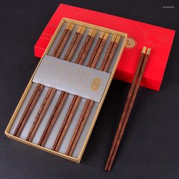 Chopsticks Chinese Set Reusable Gift Box Natural High Quality WengeWood Household Wooden Round Tableware