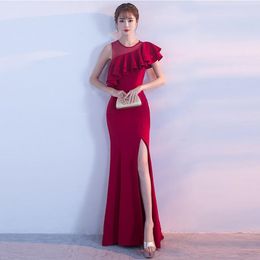 Casual Dresses Women Red Ruffle O Neck Sleeveless Side Split Elegant Evening Party Long Dress Nightclub Wear Sexy For Special Occasions