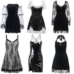 Casual Dresses Gaun Mini Hitam Gotik Grunge E girl Bodycon Pinggang Tinggi Trim Berenda Y2K Pakaian Lolita Harajuku Punk Wanita 90 An 230418