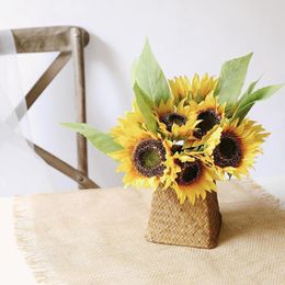 Decorative Flowers Wedding Decorations Artificial Sunflower Bouquet Manufacturer Green Plants Simulation Silk Sun