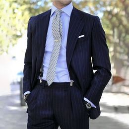 Navy Blue Pinstripe Wedding Tuxedos Slim Fit 2 Piece Mens Suits Business Blazer Formal Groom Tuxedo Costume Homme
