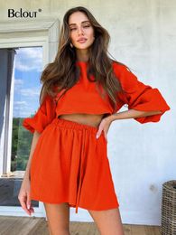 Women's Tracksuits Bclout Cotton Orange Shorts Set Woman 2 Pieces Summer Lantern Sleeve Sexy Crop Tops Ruched Wide Leg Women Outfits Fashion