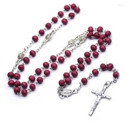 Pendant Necklaces QIGO Wine Red Wood Beads Cross Rosary Necklace Catholic Long Strand Religious Jewelry