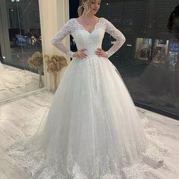 Gorgeous Lace A-Line Wedding Dresses For Bride V-Neck Long Sleeves Court Train Open Back Formal Bridal Gowns Plus Size Bride Wear 2023
