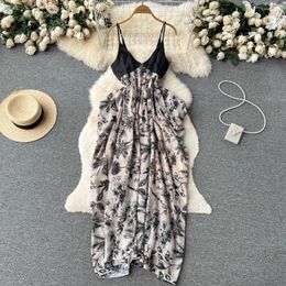 Casual Dresses Summer Design Sense Of Sex V-neck Backless Ink Painting Chinese Suspenders Irregular Loose Dress