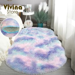 Carpet Rainbow Plush Mat Soft Oval Rug For Bedroom Bedside Fluffy Colorful Children's Girl Room Decorative Living Rugs 231118