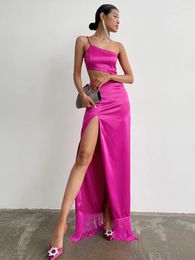 Casual Dresses 2023 Elegant Diagonal Collar High Waist Cut Out Long Evening Dress For Woman Sexy Chic Backless Slit Tassel Party