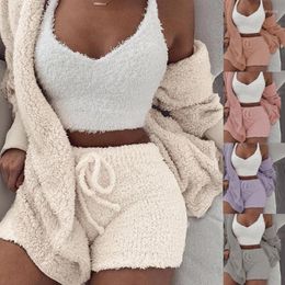 Women's Sleepwear Sexy Women Fluffy Pajama Sets 3 Piece Tracksuit Plush Hooded Cardigan Coat Crop Top Shorts Casual Suits Plus Size