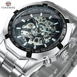 Wristwatches Forsining Silver Stainless Steel Waterproof Mens Skeleton Watches Top Brand Luxury Transparent Mechanical Sport Male Wrist Watch 230419