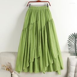 Skirts Cotton Linen Slim Irregular Pleated Skirt Women 2023 Spring Summer Casual Long Patchwork A Line Female Green Beach