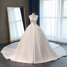 Simple Chapel Train Satin Wedding Dresses Empire Plunging V-neck Corset Back Draped Wedding Reception Bridal Vestidos De Novia