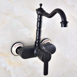 Kitchen Faucets Black Oil Rubbed Bronze Dual Ceramic Base Wall Mounted Bathroom Sink Faucet Swivel Spout Mixer Tap Single Lever Anf875