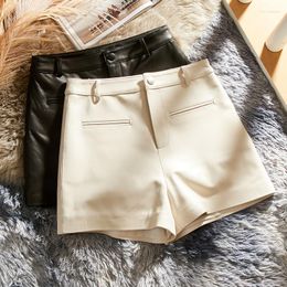 Women's Shorts Genuine Sheepskin Leather For Women 2023 Korean Fashion Wide Leg Short Pants High Waist White Ropa De Mujer