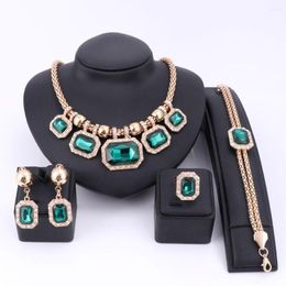 Necklace Earrings Set Fashion Bracelet Ring Green Gem Gold Colour Wedding For Women Crystal African Dress Accessories