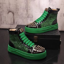 Fashion Brand Charming Glitter Rivets Leather High Tops Shoes For Men Casual Flats Loafers Spiked Sneakers 10A44