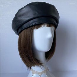 Berets Lambskin Leather 54-59cm Autumn And Winter Retro Ins Black Women's Mushroom Hat Beret Painter Bud