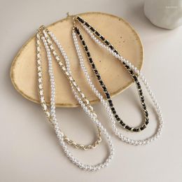 Chains Fashion Black Woven Necklace Leather Stacked Clavicle Chain Round Real Pearl Choker Simple Jewelry Accessory Gift Ladies Z541