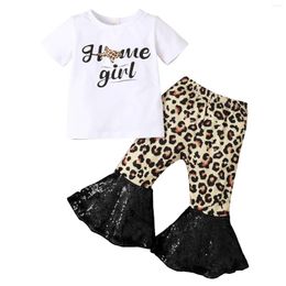 Clothing Sets 2023 0-6Y Summer Kids Baby Girl Clothes Fashion Letter Print Short Sleeve T-shirt Leopard Sequins Flare Pants Outfits 2pcs