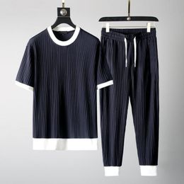 Mens Tracksuits Summer TShirt Pants Ice Silk Suit Two Pieces Set Thin Casual Sports Suit Male Fashion Sweatpants Set Plus Size 230419
