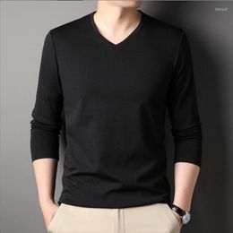 Men's T Shirts Spring Autumn Fashion Brand V Neck Solid Color Plain Soft Cotton Blends Shirt Men Long Sleeve Tops Casual Mens Clothes