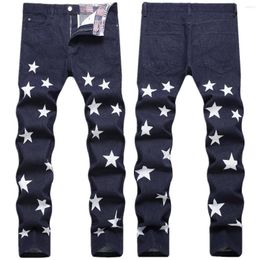 Men's Jeans FUAMOS Personalised Fashion Slim Star Printed Korean Men's Street Trendy European American Cotton Blue Denim Pants