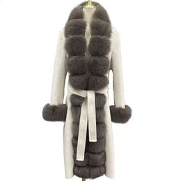 Women's Wool Blends JANEFUR Coat Ladies Long 2023 Fashion Luxury Real Fur Trim Cashmere Coats Belt Elegant Natural Winter Outerwears 231118