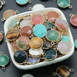 Natural Crystals Stone Charms Double Hole Rose Quartz Tiger Eye Round Pendant Connectors For Jewellery Making DIY Bracelets