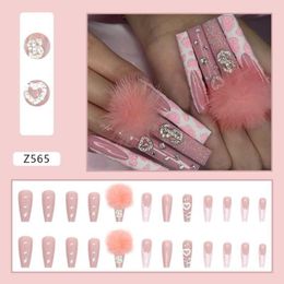 False Nails 24pcs Nail Tips Full Cover DIY Diamond Fake Pink Fur Ball Ballerina Long French