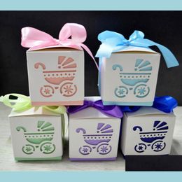 Gift Wrap Romantic Laser Cut Baby Carriage Stroller Favour Candy Boxes Footprints Shower Party Bag Packaging Ribbon Rope Drop Dhvwu