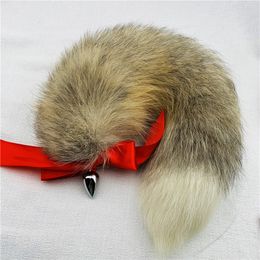 40cm/16" - Real Genuine Golden Island Fox Fur Tail Plug W Silk Metal Stainless Butt Toy Plug Insert Anal Sexy Stopper