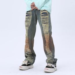 Men's Jeans Broken Hole Beggar Denim Pants Men's Loose Fitting Spray Painted Print Worn Out Straight Leg Wide Ins Hip-hop Trend