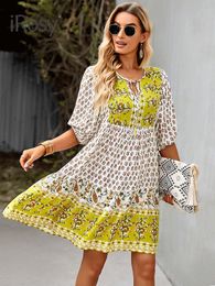 Casual Dresses Elegant and Chic Fixed Pattern Design Short Lanten Sleeve Bohemian Dress for Women Summer Vacation Home Viscose Dresses Clothing 230419