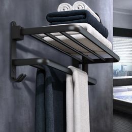 Bathroom Shelves Wall Mounted Towel Rack Storage Bars Accessories Aluminium Foldable Shower Clothes with Hooks 230418