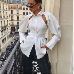 Designer Women's White Shirt/Designer Black Shirt Polyester Fabric Hollow Button Backless Lace Up Long Sleeve Lapel Waist Slim Fit French Party Business Event Shirt