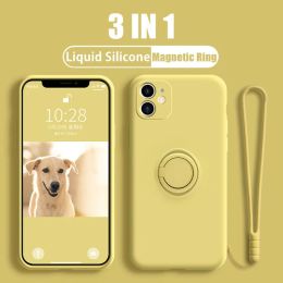 Ring Holder Liquid Silicone Phone Case For iPhone 15 14 13 12 11 Pro Mini XS Max X XR 7 8 Plus SE Shockproof Cover Candy Color with Hand Strap