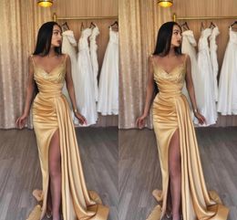 Dubai Arabic African Chamapgne Mermaid Prom Dresses Long for Women Black Girls Sweetheart Sequined High Side Split Formal Dress Evening Party Birthday Gowns