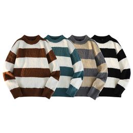 Striped Sweater for Men's Autumn and Winter 2023 New Loose Round Neck Top Clothing for Men's Trendy Brand Thickened Knitted Shirt Coat
