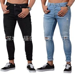 Men's Jeans Men's Casual Fashion Trend Spring And Summer Waistband Old Slim Ground Water Wash To Do Street Pencil Pants Ripped