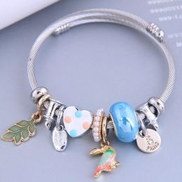 Bangle Fashion Stainless Steel Wire Vintage Pendant Beaded Woodpecker Opening Adjustable Bangles Jewellery For Women