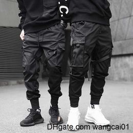 wangcai01Men's Pants Men Ribbons Colour Block Pants Black Pocket Cargo Har Joggers Harajuku Sweatpant Hip Hop Trousers