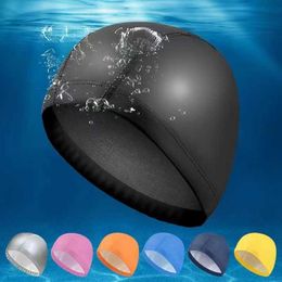 Swimming caps PU Waterproof Swimming Caps for Men Women High Elastic Pool Swimming Hat Solid Color Ear Protection Long Hair Bathing Swim Caps P230418