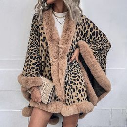 Women's Fur Faux Fur Women Coats Jackets for Winter Leopard Colour Faux Fur Collar Thick Warm Knitted Capes Ponchos Autumn Outwear Knitwear 231118