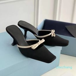 Designer-Bow knot square head women's thin heel slippers European and American 6cm comfortable black silk Baotou sandals slippers