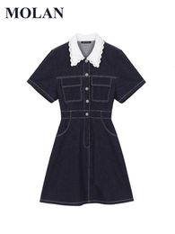 Casual Dresses MOLAN Kroean Woman Sweet Fashion Denim England Style Cute Short Sleeve Lapel Solid Pockets Female 230419